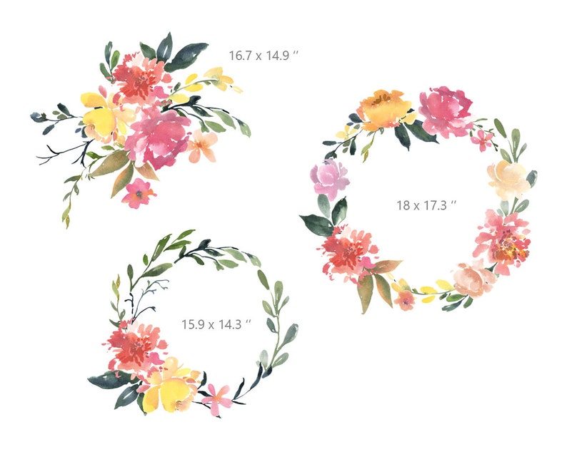 Watercolor Flowers Clipart Bright Floral Clip Art Summer Aquarelle Watercolour Wreaths Bouquet Digital Download Free Commercial Use PNG