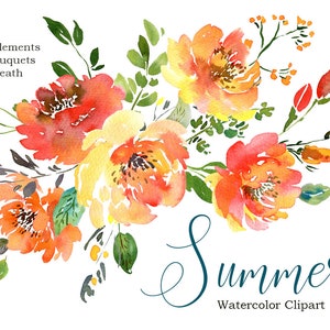 Watercolor Floral Clipart Summer Orange Green Flowers Clip Art Digital Download Flowers Bouquet Wreath Free Commercial Use Watercolour PNG