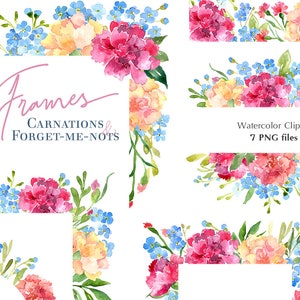 Clipart floral aquarelle cadres oeillets & fleurs myosotis rose bleu rouge téléchargement numérique myosotis mariage usage commercial gratuit