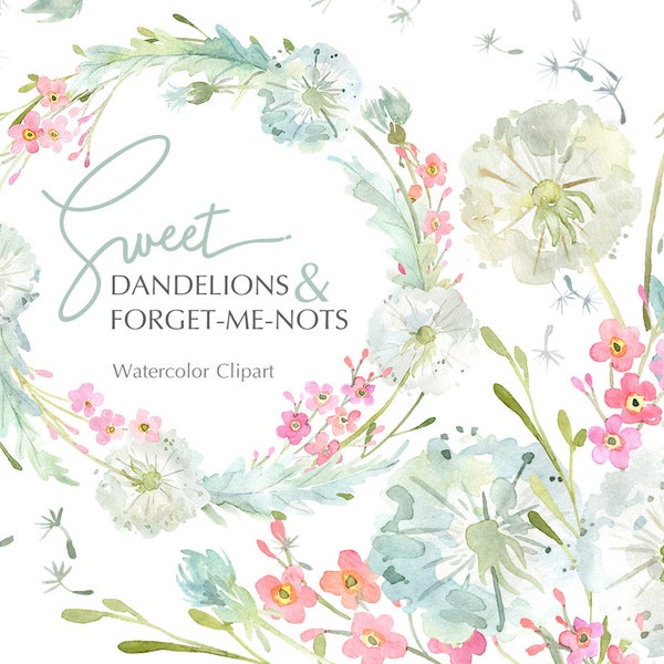 Watercolor Floral Clipart Dandelions Forget Me Not Flowers Clip Art Forget-Me-Nots Bouquet Wreath Seamless Pattern Free Commercial Use Png