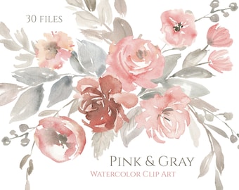 Watercolor Flowers Clip Art Pink Gray Floral Clipart Light Dusty Red Pale Romantic Wedding Bouquets Digital Download Free Commercial Use Png