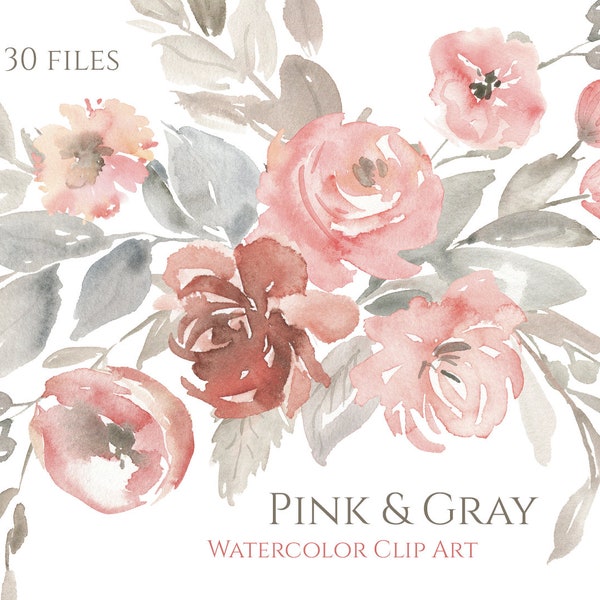 Watercolor Flowers Clip Art Pink Gray Floral Clipart Light Dusty Red Pale Romantic Wedding Bouquets Digital Download Free Commercial Use Png