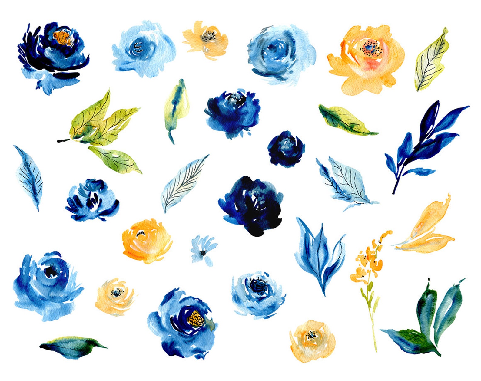 Watercolor Bright Blue Orange Flowers Clipart Png Floral Clip Etsy
