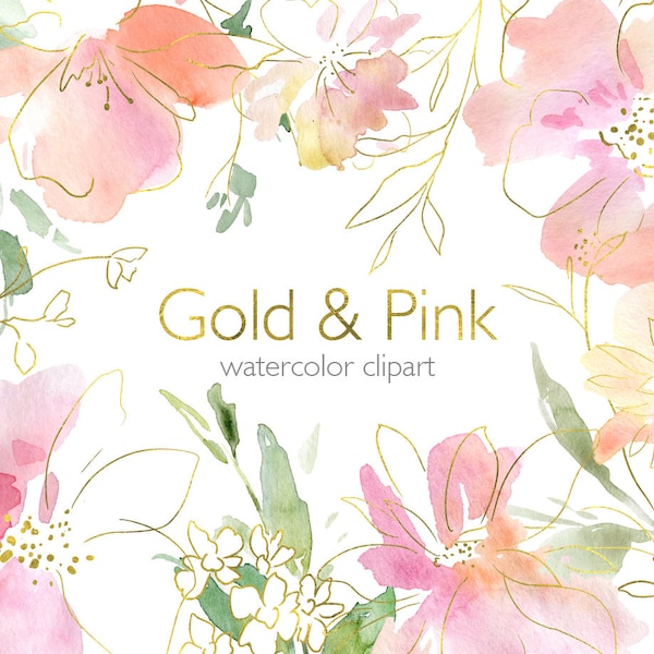 Watercolor Flower Clipart Pink Blush Gold Watercolour Clip Art Free Commercial Use Light Wedding Bouquet Aquarelle Line Art Digital Download