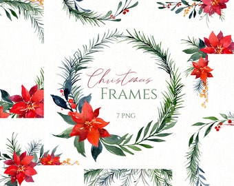 Christmas Watercolor Frames Clipart Wreaths Xmas Clip Art New Year Flowers Tree Branches Floral Red Winter Poinsettia Free Commercial Use