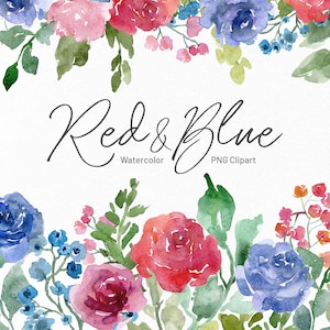Aquarel bloemen clipart zomer rood paars roze blauw indigo bruiloft heldere rozen Clip Art boeket druppel digitale download gratis commercieel gebruik