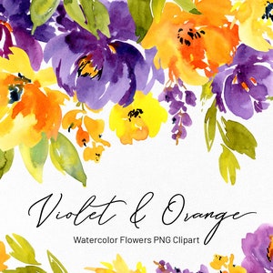 Aquarela Violeta Laranja Amarelo Flor Clipart Bouquet Frame Download Brilhante Colorido Floral Roxo Peônias Clip Art Free Commercial Use Png