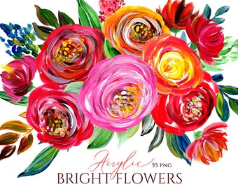 Acrylic Flowers Clipart Bright Colorful Red Pink Orange Roses Florals Separate Elements Watercolor Digital Download Free Commercial Use Png