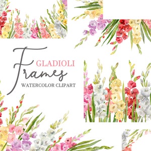 Aquarel Frames Gladioli bloemen Clipart Gladiolen Clip Art Floral Drop Bright Border Corner Digitale Download Gratis commercieel gebruik Png