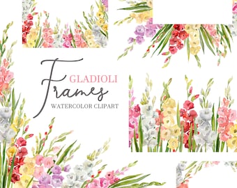 Watercolor Frames Gladioli Flowers Clipart Gladiolus Clip Art Floral Drop Bright Border Corner Digital Download Free Commercial Use Png