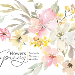 Aquarelle fleurs printanières Clipart rose pâle Blush Floral blanc Clip Art mariage Téléchargement numérique de bouquets de couronnes pour tout usage commercial gratuit PNG