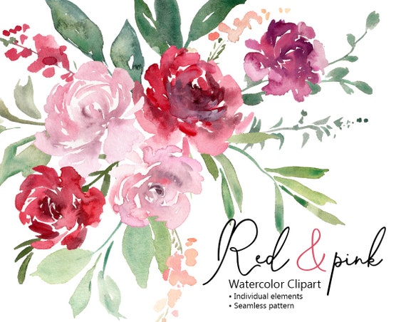 Watercolor Flowers Clipart Red Pink Green Floral Clip Art Etsy