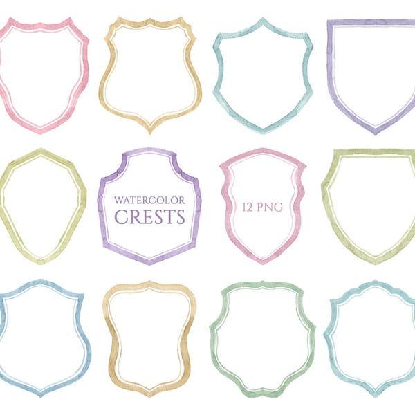 Watercolor Crests Shapes Frames Clipart | Hand Painted Romantic Wedding Clip Art | Free Commercial Use Digital Download Pastel Borders PNG