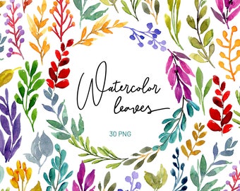 Hand-painted Watercolor Colorful Vibrant Spring Leaves Boho Clipart Digital Download Wreath Bouquet Free Commercial Use Foliage Branches PNG
