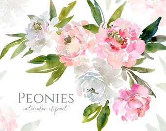 Watercolor Peonies Flowers Clipart Pink Blush White Floral Clip Art Wedding Romantic Wreath Bouquet Digital Download Free Commercial Use Png