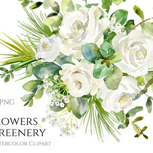 Aquarell Weiße Blumen Grün Clipart Freen Blätter Eukalyptus Laub Clip Art Hochzeit Bouquet Digitaler Download Kostenlose Kommerzielle Nutzung Png