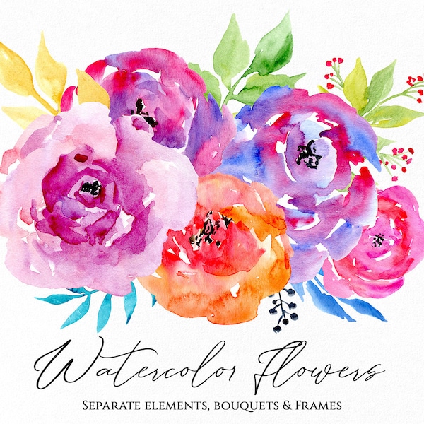 Watercolor Floral Clipart Bright Summer Spring Flowers Clip Art Digital Download Bouquets Frames Colorful Roses Free Commercial Use Png