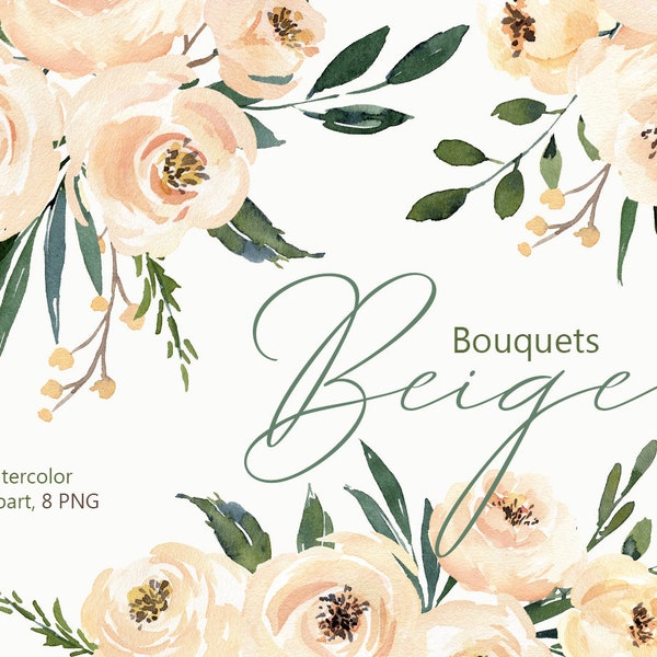 Watercolor Bouquets Clipart Flowers Beige Roses Peonies Floral Clip Art Light Creamy Arrangements Digital Download Free Commercial Use PNG