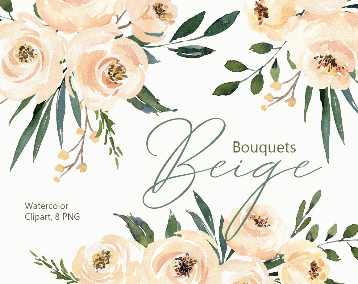 Bouquets Aquarelle Clipart Fleurs Roses Beige Pivoines Floral Etsy
