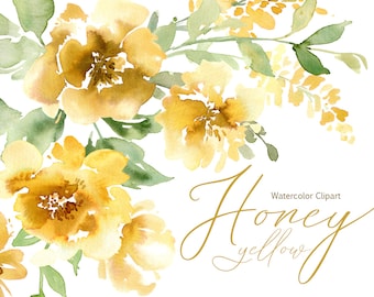 Watercolor Flowers Clipart Yellow Brown Wedding Floral Clip Art Watercolour Bouquets Wreath Digital Download Peonies Free Commercial Use PNG