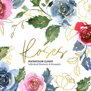 Aquarell Blumen Clipart Blau Rot Gold Aquarell Blumen Clip Art Hochzeit Bouquets Goldene Linie Kunst Digitaler Download kostenlose kommerzielle Nutzung