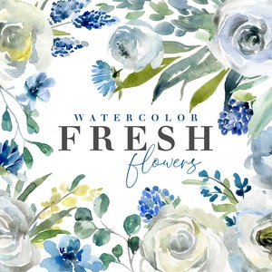 Aquarel verse bloemen clipart gratis commercieel gebruik bloemen bruiloft clip art blauw wit groen neutrale rozen bladeren licht digitale download