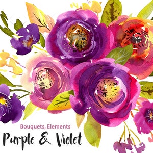 Watercolor Purple Violet Flowers Clipart Pink Florals Green Leaves Bright Bouquets Colorful Peonies Digital Download Free Commercial Use Png