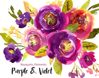 Watercolor Purple Violet Flowers Clipart Pink Florals Green Leaves Bright Bouquets Colorful Peonies Digital Download Free Commercial Use Png