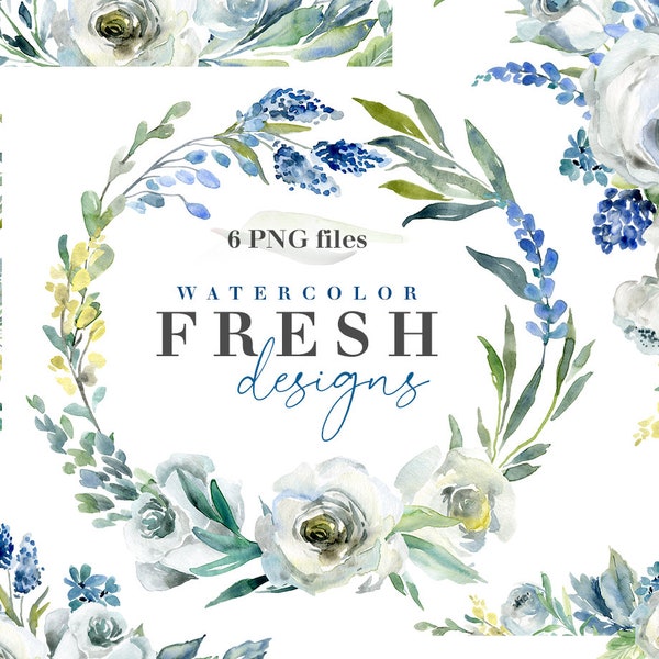 Watercolor Fresh Flowers Clipart Frames Bouquets Wreath Floral Wedding Clip Art Blue White Green Digital Download Free Commercial Use Png