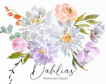 Watercolor Dahlias Flowers Clipart White Pink Floral Clip Art Light Wedding Bouquet Wreath Digital Download Free Commercial Use Png