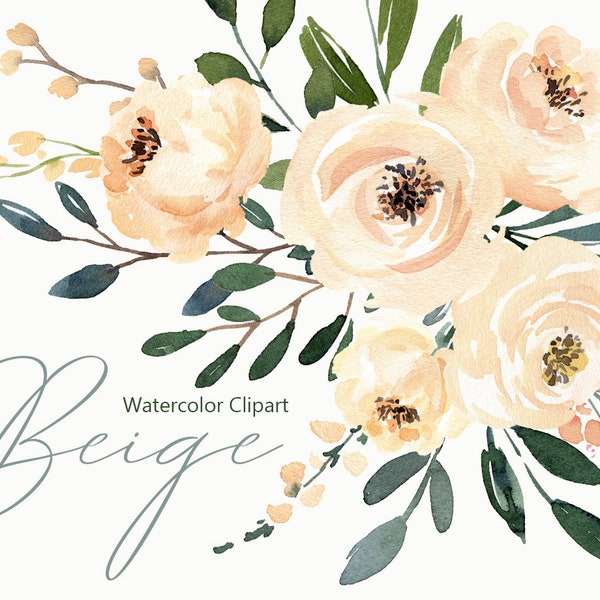 Watercolor Floral Clipart Beige Cream Light Creamy Flowers Roses Bright Green Digital Download Arrangement Bouquet Free Commercial Use PNG