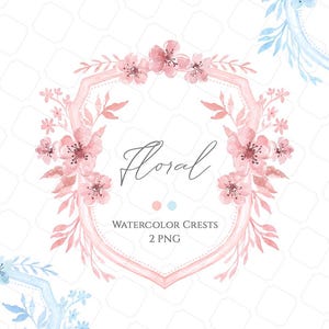 Acquerello floreale stemma cornice clipart fiori rosa chiaro blu/clipart di matrimonio/uso commerciale gratuito download digitale scudi pastello PNG