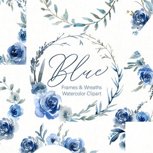 Blau Aquarell Blumen Clipart Rahmen Grenzen Runde Kränze Blumen Rosen Pfingstrosen Boho Hochzeitsarrangements Clip Art Freie kommerzielle Nutzung PNG