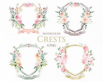 Watercolor Floral Wedding Crests Clipart Romantic Ribbons Decor Light Pastel Frames Free Commercial Use Png Clip Art | Pre-made Crests PNG