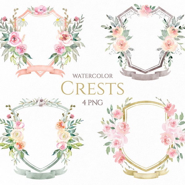 Watercolor Floral Wedding Crests Clipart Romantic Ribbons Decor Light Pastel Frames Free Commercial Use Png Clip Art | Pre-made Crests PNG