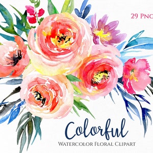 Aquarel roze rode bloemen clipart met groen blauwe bladeren krans boeket kleurrijke digitale download bloemen clip art gratis commercieel gebruik png