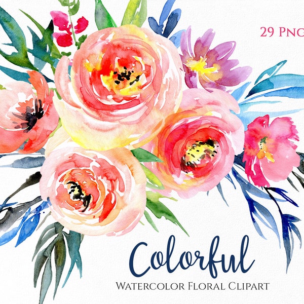 Watercolor Pink Red Flowers Clipart with Green Blue Leaves Wreath Bouquet Colorful Digital Download Floral Clip Art Free Commercial Use Png