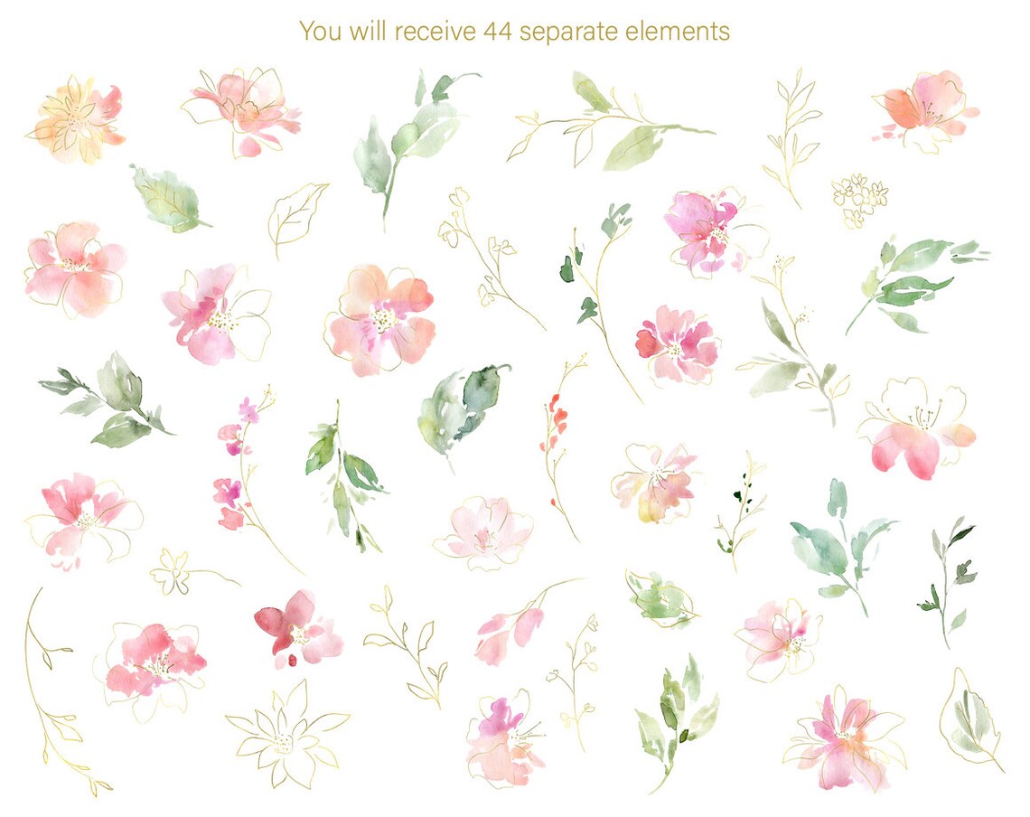 Watercolor Flower Clipart Pink Blush Gold Watercolour Clip Art - Etsy