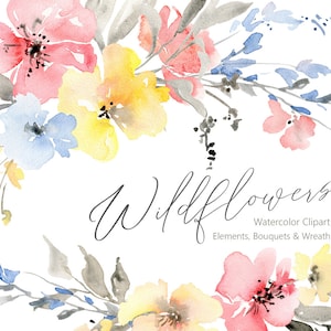 Aquarell Blumen Clipart Wildblumen Blumen Blumenstrauß Kranz Clip Art Digital Download Rahmen Hochzeit rot rosa gelb blau kostenlose kommerzielle Nutzung