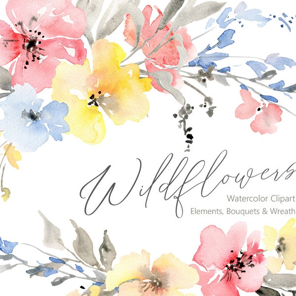 Watercolor Floral Clipart Wildflower Flowers Bouquet Wreath Clip Art Digital Download Frame Wedding Red Pink Yellow Blue Free Commercial Use