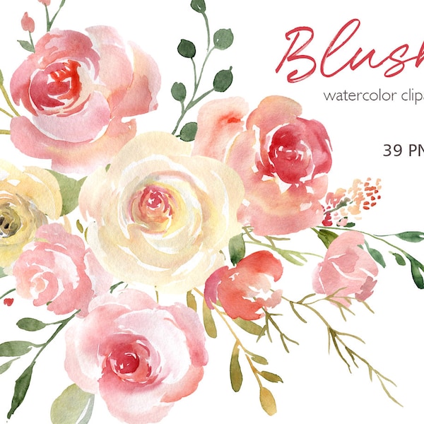 Blush Watercolor Floral Clipart Free Commercial Use Pink Yellow Flowers Light Aquarelle Roses Peonies Bouquets Digital Download Clip Art PNG