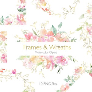 Aquarel bloemen clipart frames randen kransen licht arrangementen bruiloft bloemen clip art roze blos goud groen gratis commercieel gebruik png
