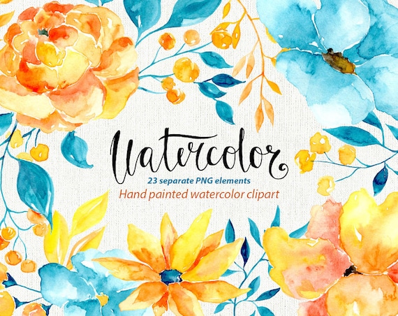 Watercolor Floral Clipart Blue Yellow Brown Flowers Aquarelle Etsy Watercolor Floral Clipart Blue Yellow Brown Flowers Aquarelle Etsy