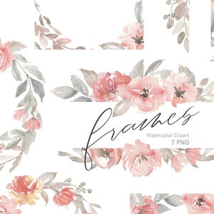 Aquarel bloemen clipart frames kransen randen licht roze grijs stoffige rode bruiloft bloemen clip art digitale download gratis commercieel gebruik PNG