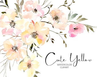 Watercolor Flowers Clipart Pink Yellow Light Floral Clip Art Free Commercial Use Digital Download Romantic Wedding Wreath Bouquets Pattern