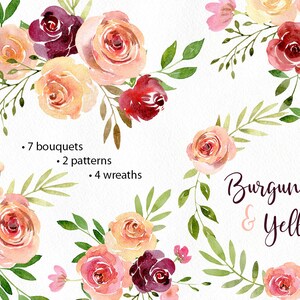Aquarel bloemen clip art arrangementen boeketten kransen naadloos patroon bordeaux roze geel blozen bloemen rozen gratis commercieel gebruik PNG