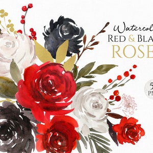 Aquarell Rot Schwarz Weiß Blumen Clipart & Gold Zweige Rosen Floral Clip Art Digital Download Heller Blumenstrauß Freie Kommerzielle Nutzung Png
