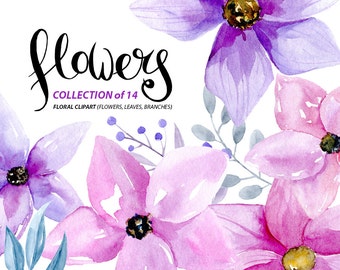 Watercolor flower clipart: 14 purple and pink flowers, Aquarelle Digital Clip Art, watercolour boho floral clipart Free Commercial Use