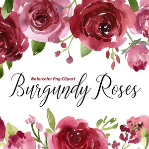 Aquarel bloemen clipart heldere bordeauxrode rozen groene bladeren kastanjebruin rood roze bloemen clip art boeket bovenrand gratis commercieel gebruik png