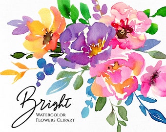 Watercolor Bright Summer Flowers Clipart Colorful Floral Clip Art Violet Pink Purple Bouquets Digital Download Free Commercial Use Png